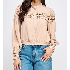 Elegant Beige Lace Trim Blouse